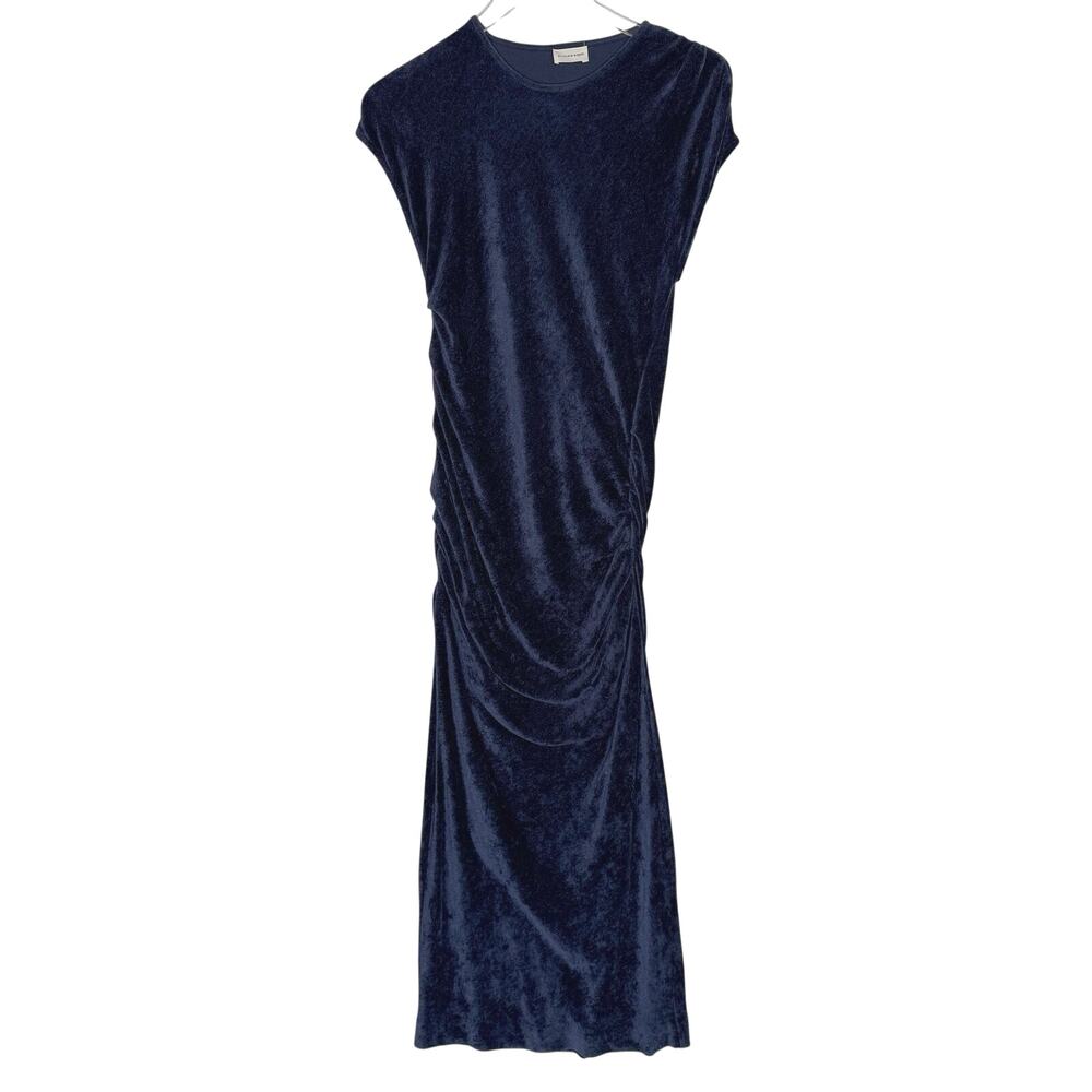 Malene Birger Navy Velvet Chenille Ruched Midi Dress S Round Neck Short Sleeves